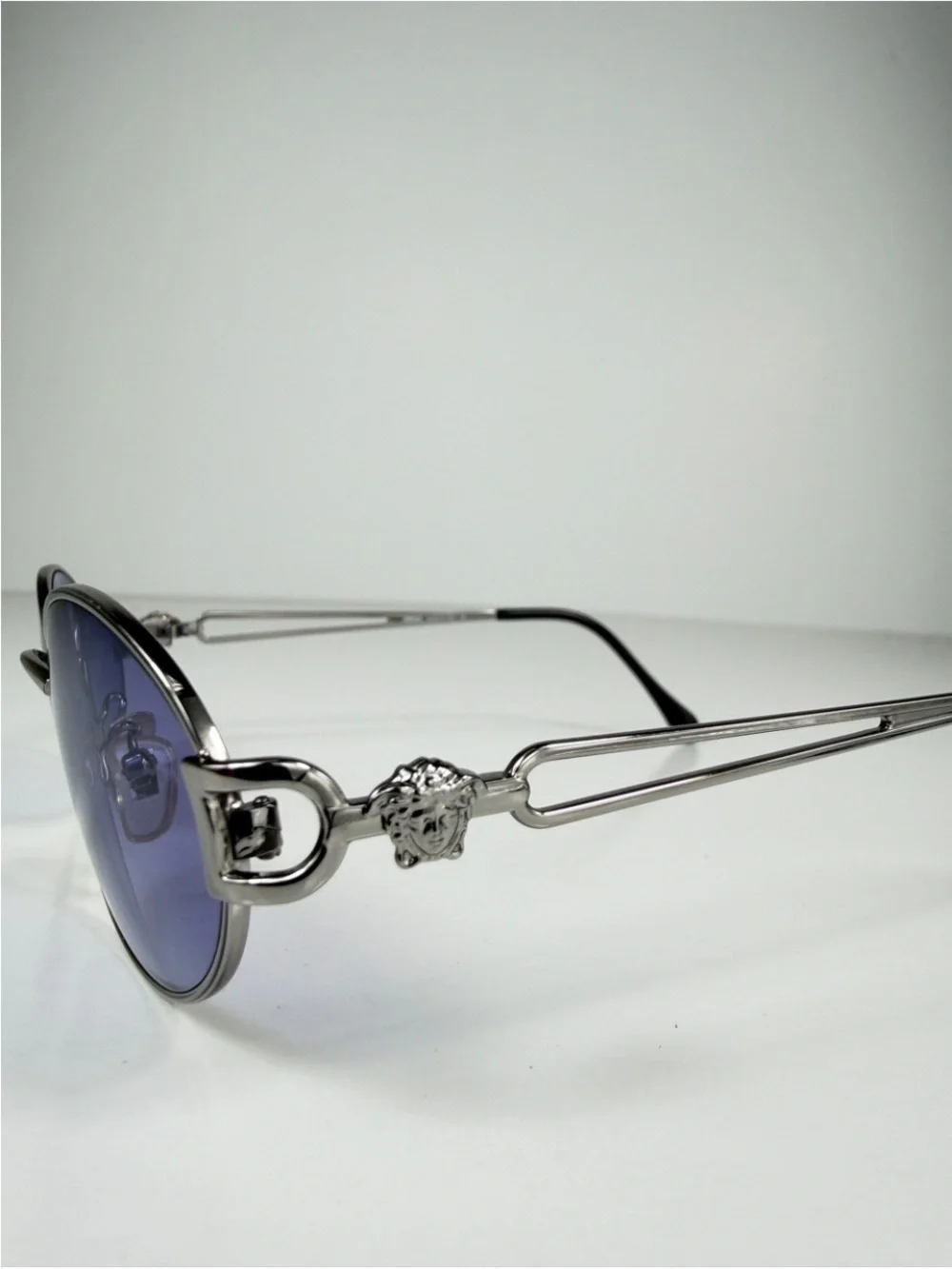 90s Vtg Versace H68 Silver Oval Medusa Sunglasses Custom Purple Lenses Full Set